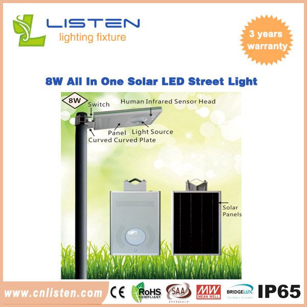8W/12W All in One Solar LED Street Light CE RoHS IP65 Approved 