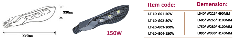 size and specification of led street lights 50W/80W/100W/150W