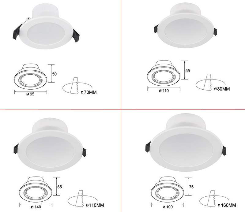 Product size and hole size for LED Downlight Dimmable 6W 9W 12W 18W recessed Ceiling Light